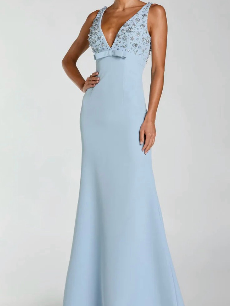 Mac Duggal Blue Sleeveless Embellished Crepe Gown With Bow
